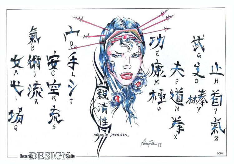 tatuaż chińskie znaki, twarz kobiety