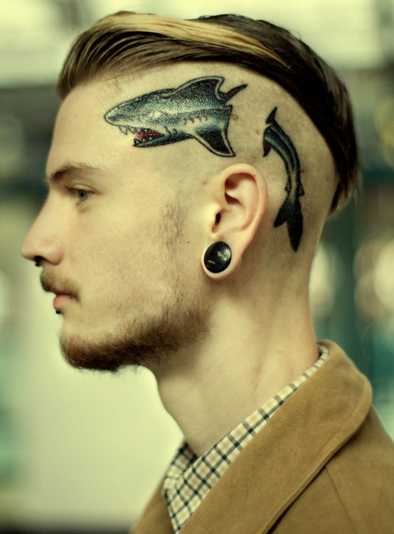shark funny tattoo on head