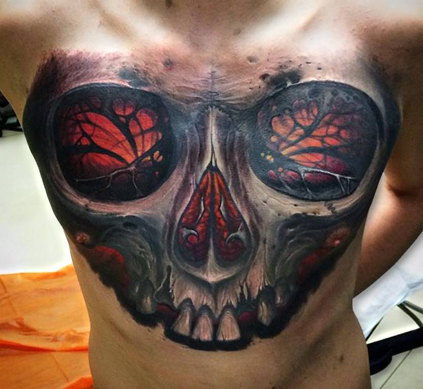 amazing skull tattoo on chest