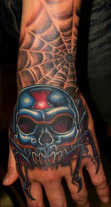 skull spider tattoo on hand