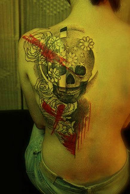skull and flowers on back