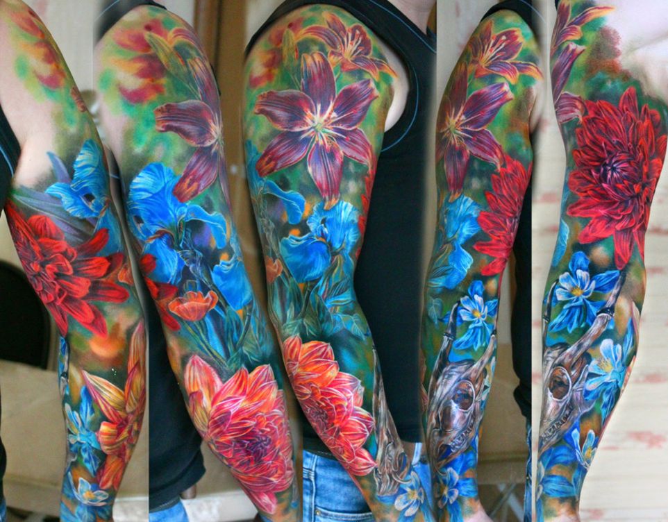 amazing sleeve flowers tattoos