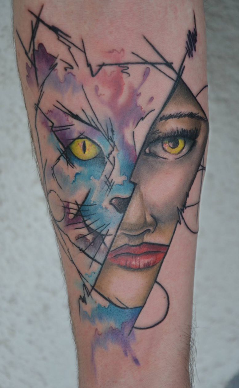 half face tattoo cat and women