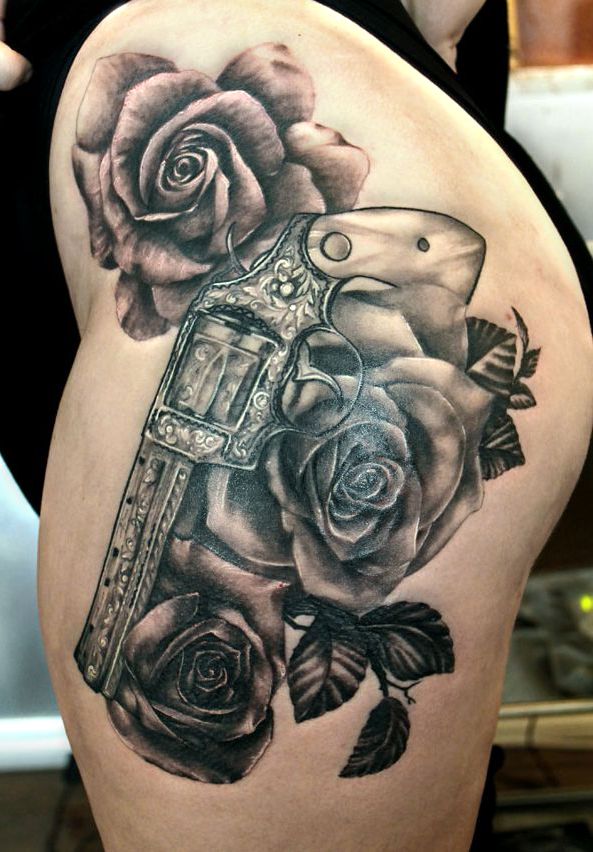 roses and gun tattoo