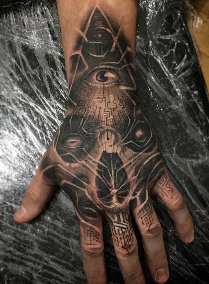 Cyber illuminati hand tattoo