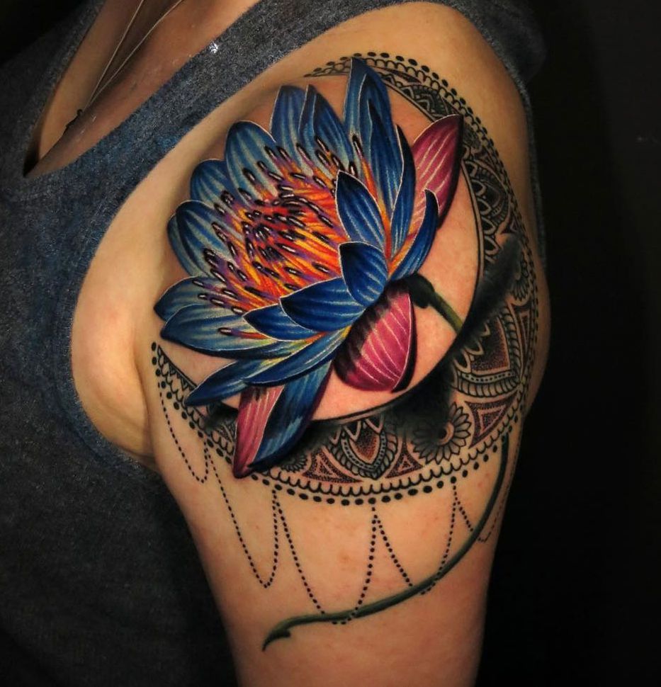 Colorful lotus flower tattoo