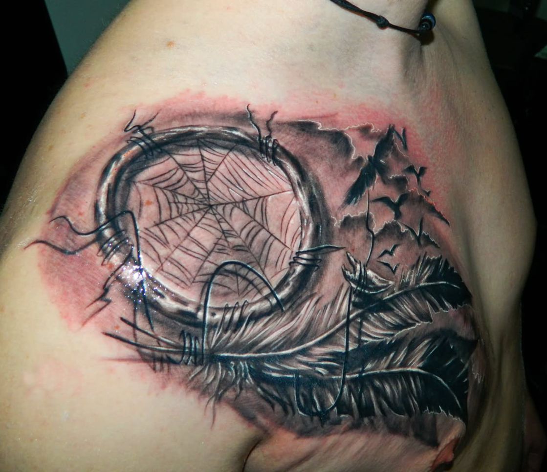 Grey Ink Dreamcatcher Tattoo