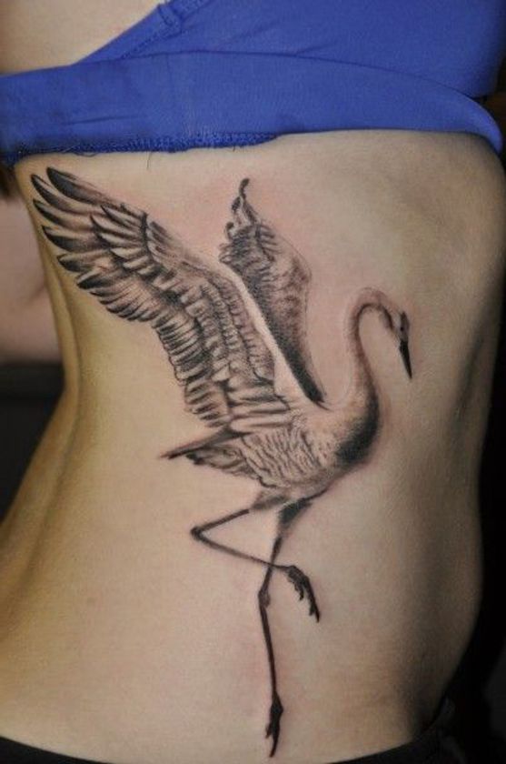 Crane Tattoo On Side Rib For Girls