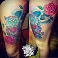 owl and rose , skull tattoo