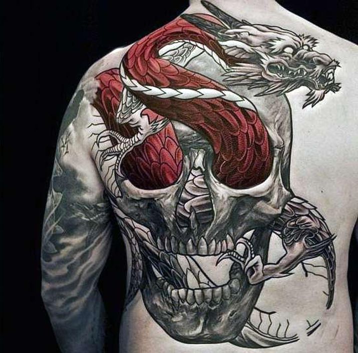 dragon and skull on back | tattoo