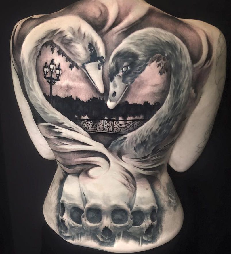 Two Swan With Skulls Tattoo